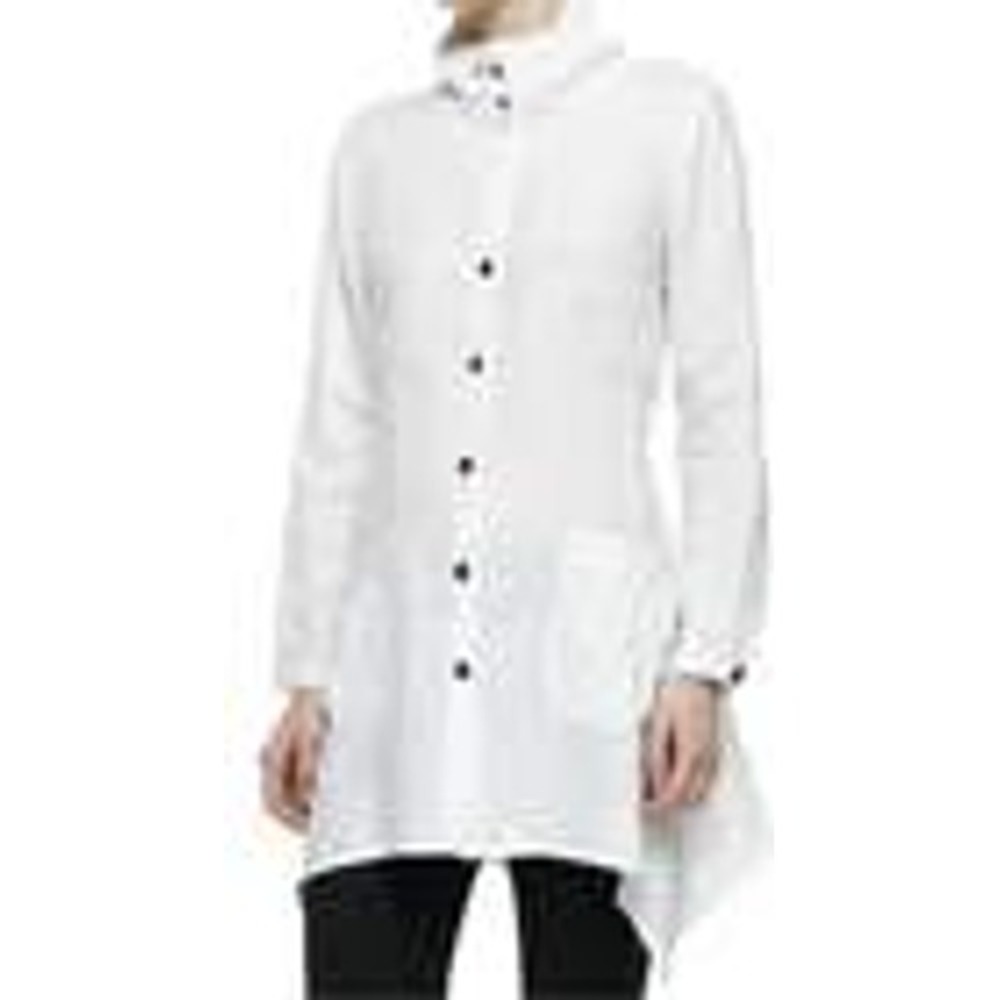 Go Silk White 100% Linen Ruffle Neck Sharkbite Hem Tunic Shirt XL RN 105184